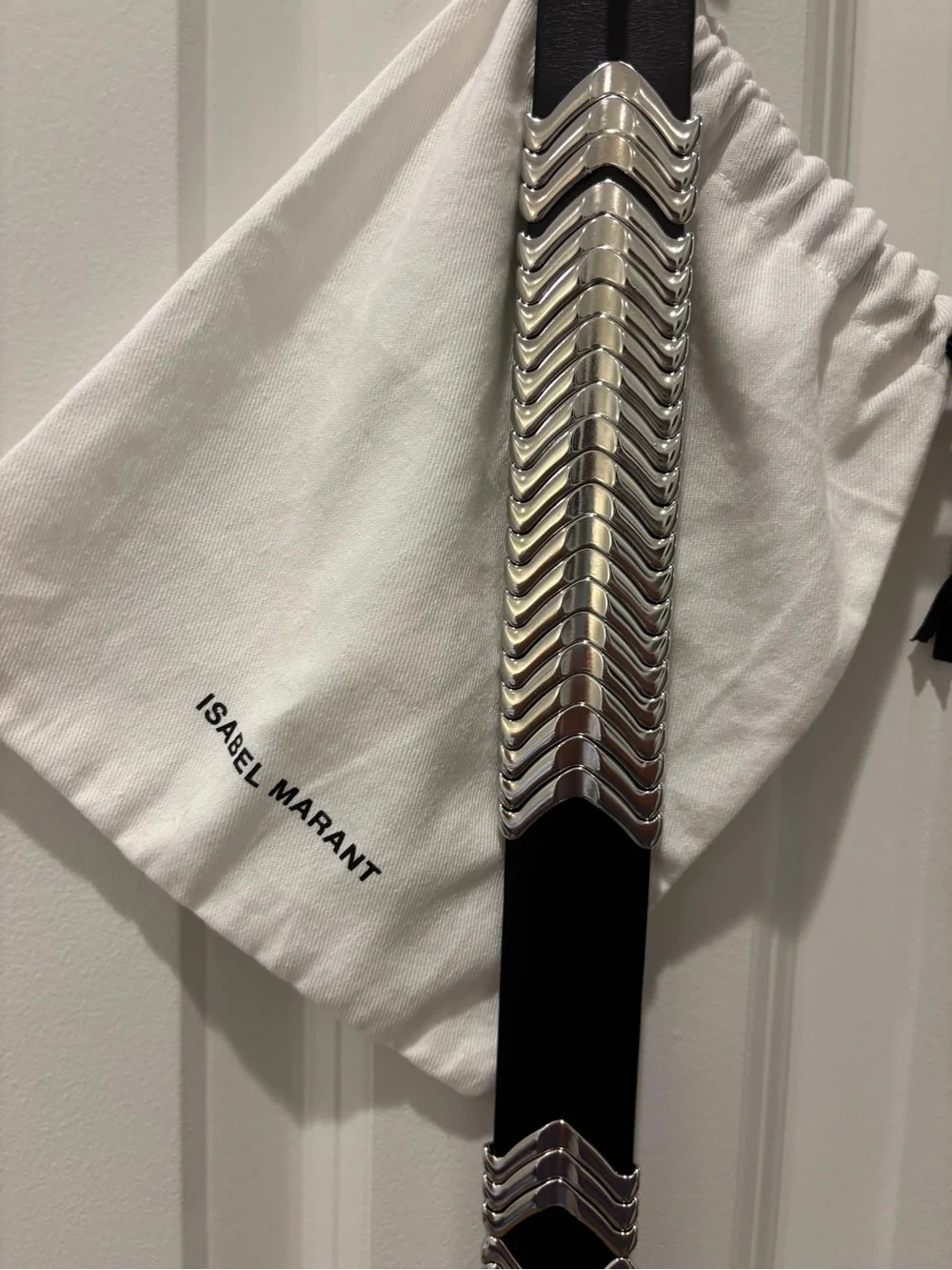Isabel Marant Black Leather Belt with Silver Chevron Accents